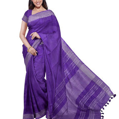 Cerulean Blue & French Violet women's Bhagalpuri Handloom Cotton-Linen Blend Saree Combo (Pack Of 2) With Running Unstiched Blouse Piece - View 6