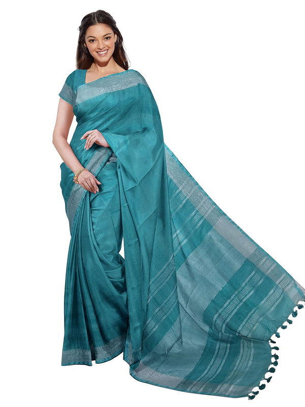 Cobalt Blue & Cyan women's Bhagalpuri Handloom Cotton-Linen Blend Saree Combo (Pack Of 2) With Running Unstiched Blouse Piece - View 6