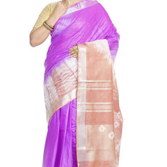 Heliotrope Purple & Tumbleweed Orange women's Bhagalpuri Handloom Cotton Linen Slub Blend Tie Two Dye (Sibory Two Dye) Saree With Running Unstitched Blouse Piece - View 5