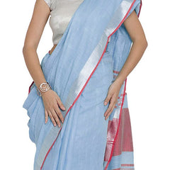 Powder Blue-Pink women's Bhagalpuri Handloom Cotton Linen Blend Contrast Pallu Saree And Unstitched Contrast Blouse Piece - View 5