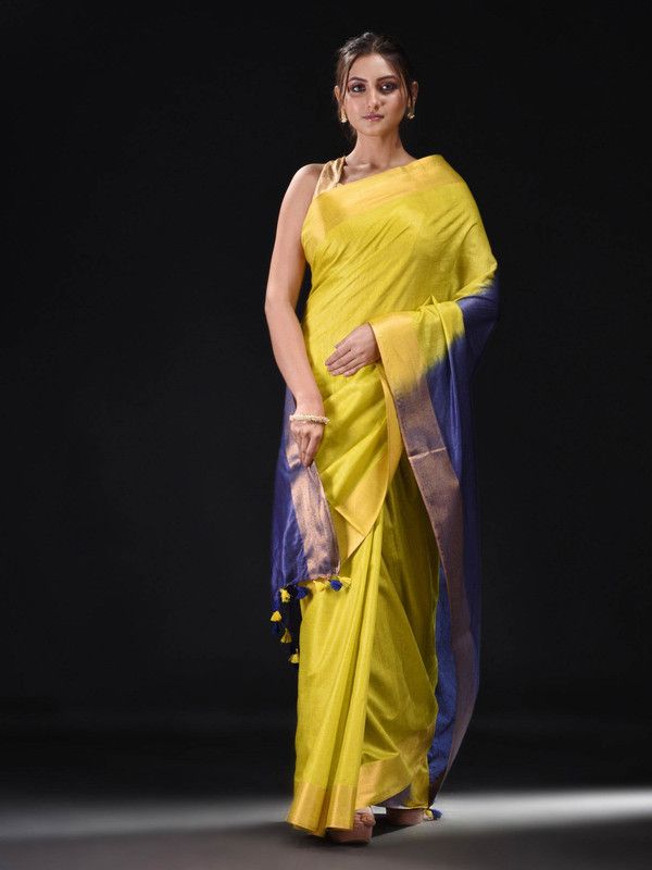 Tussar Munga Silk Handloom Zari Border Two Dye Bhagalpuri Saree (Egyptian_Blue & Canary _Yellow) - View 6