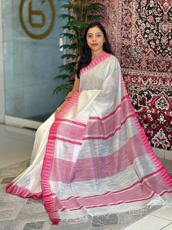 Pink women's Bhagalpuri Kota Viscous Temple Border White Saree And Variable Color Border With Blouse Piece - View 2