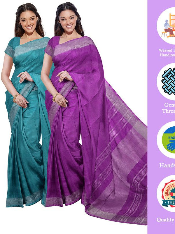Cyan & Electric Purple women's Bhagalpuri Handloom Cotton-Linen Blend Saree Combo (Pack Of 2) With Running Unstiched Blouse Piece