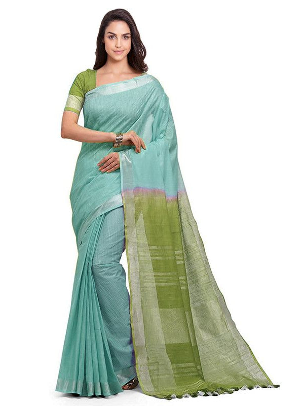 Tiffany Cyan & Moss Green women's Handloom Bhagalpuri Linen Cotton Slub Blend Two Dye Saree With Running Unstitched Blouse Piece