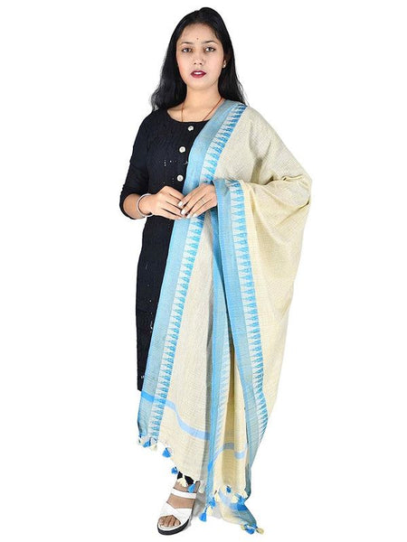Handloom Linen Temple Border Bhagalpuri Dupatta (Cyan) - View 2