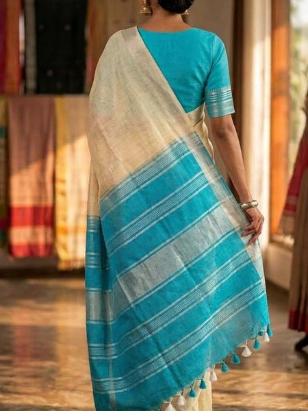 Elegant Linen Cotton Blend Saree for WDS | Cream Saree with Contrast Woven Pallu & Silver Zari Border | Traditional Ethnic Wear - View 5