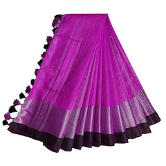 Magenta Bhagalpuri Handloom women's Linen Slub Blend Saree With Black Pipin Contrast Blouse Piece