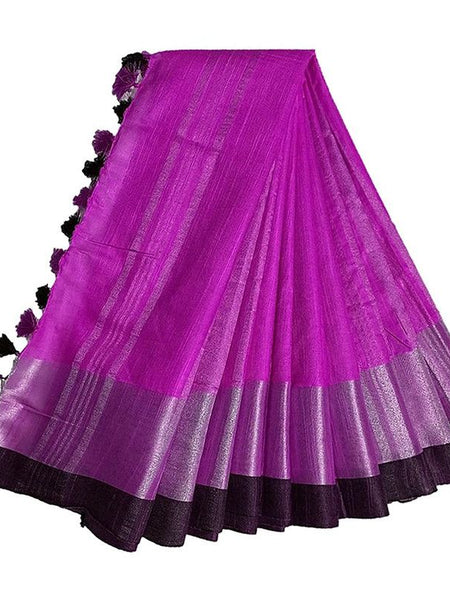 Magenta Bhagalpuri Handloom women's Linen Slub Blend Saree With Black Pipin Contrast Blouse Piece