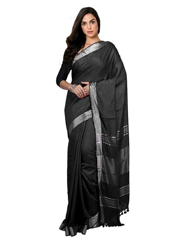 Black Bhagalpuri women's Handloom Linen Cotton Ethnic Wear Saree With Running Unstitched Blouse Piece - View 7
