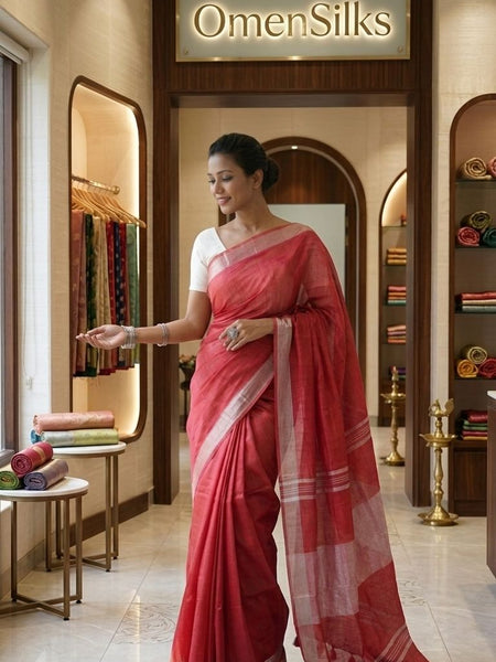 Handwoven Linen Blend Saree With Running Blouse Piece(Red)