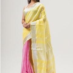 Linen Bhagalpuri Two Dye Handloom Saree (Yellow & Pink)