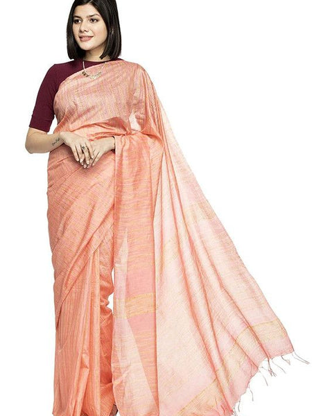Bollywood Kota Silk Striped Handloom Apricot Orange Saree