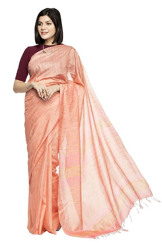 Bollywood Kota Silk Striped Handloom Apricot Orange Saree