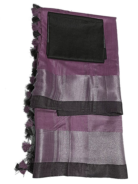 Mounatbatten Pink Bhagalpuri Handloom Linen Slub Blend Saree With Black Contrast Blouse Piece - View 2