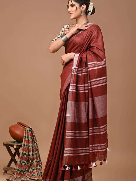 Linen Cotton Blend Handloom Bhagalpuri Saree with Zari Border (12794 Maroon_Red) - View 2