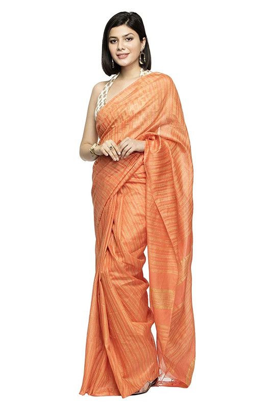 Striped Kota Silk Handloom Bhagalpuri Bollywood Saree (Terry_Orange) - View 3