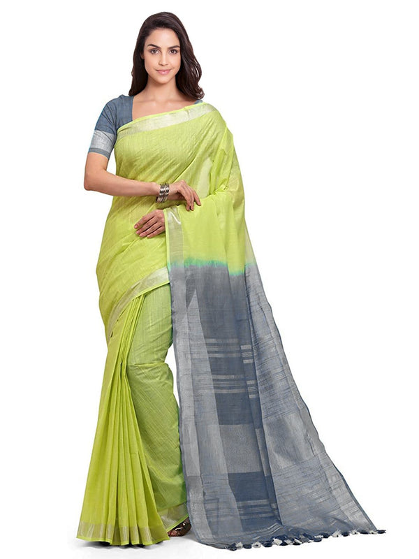 Lime Green & Grey women's Handloom Bhagalpuri Linen Cotton Slub Blend Two Dye Saree With Running Unstitched Blouse Piece