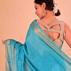 Handloom Bhagalpuri Silk Striped Sequins Saree with Blouse Piece (Cyan) - View 5