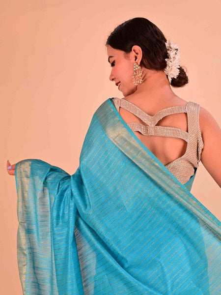 Handloom Bhagalpuri Silk Striped Sequins Saree with Blouse Piece (Cyan) - View 5
