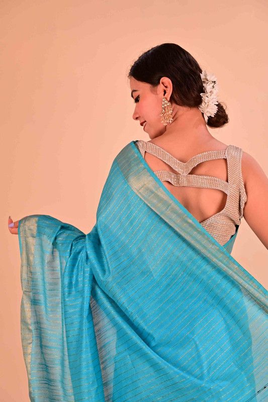 Handloom Bhagalpuri Silk Striped Sequins Saree with Blouse Piece (Cyan) - View 5