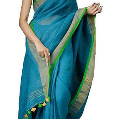 Cyan-Green women's Handloom Bhagalpuri Linen Cotton Blend Saree Ethnic Wear With Contrast Unstitched Blouse Piece