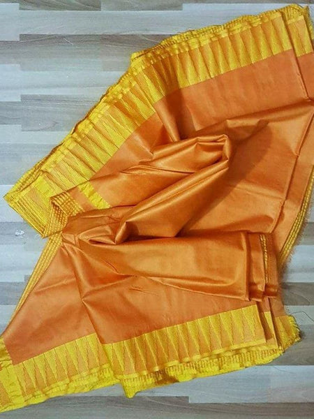 Semi Tussar Silk Handloom Temple Border Bhagalpuri Saree (100179 Coral_Orange-Yellow)