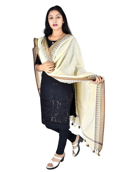 Natural Textured Linen Handloo Bhagalpuri Temple Dupatta (Brown) - View 3