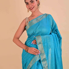 Handloom Bhagalpuri Silk Striped Sequins Saree with Blouse Piece (Cyan) - View 4
