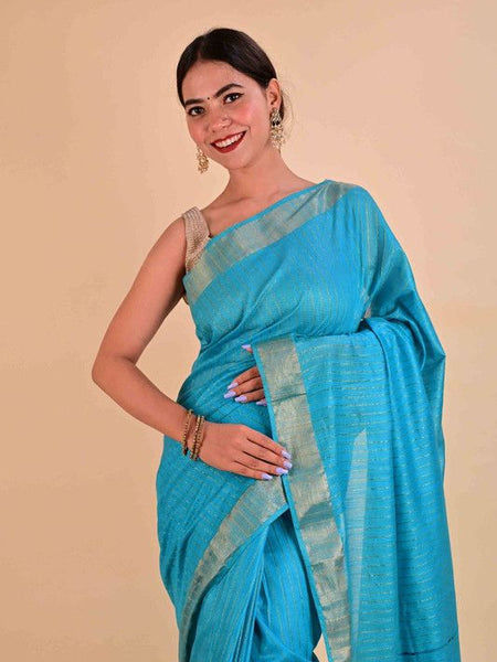 Handloom Bhagalpuri Silk Striped Sequins Saree with Blouse Piece (Cyan) - View 4