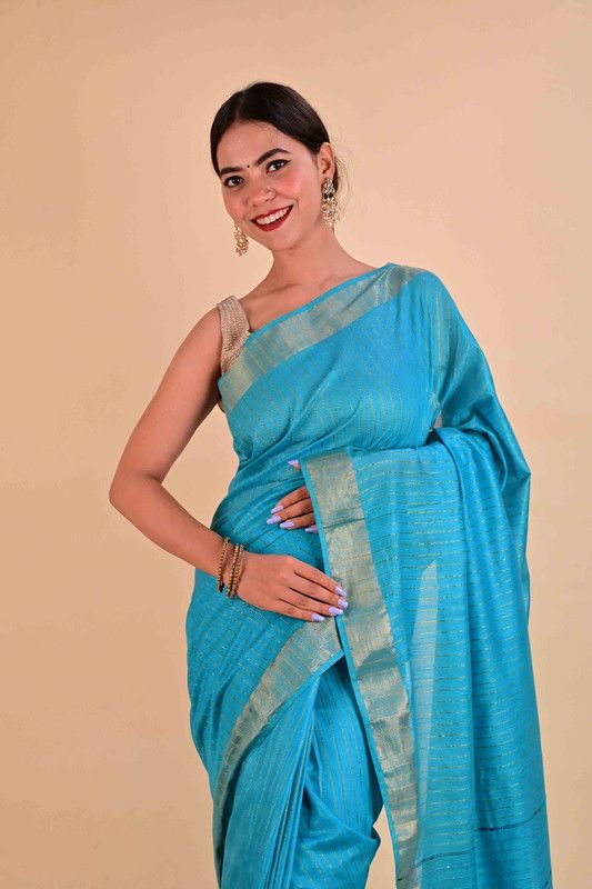 Handloom Bhagalpuri Silk Striped Sequins Saree with Blouse Piece (Cyan) - View 4