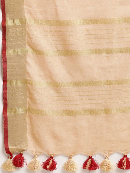 Linen Cotton Blend Contrast Handloom Bhagalpuri Saree for Women (Gold-Calico_Beige-Red) - View 5