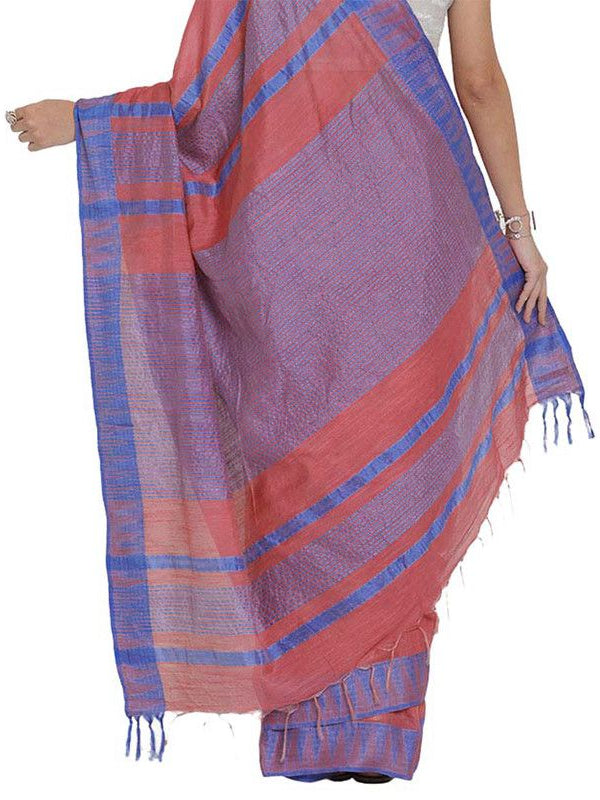 Light Carol Red women's Bhagalpuri Handloom Kota Silk Temple Border Saree And Variation Of Colors With Striped Blouse Piece - View 3