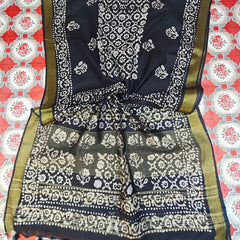 Bhagalpuri Linen Cotton Blend Handloom Batik Print Saree (GLBR_Gold-Black) - View 8