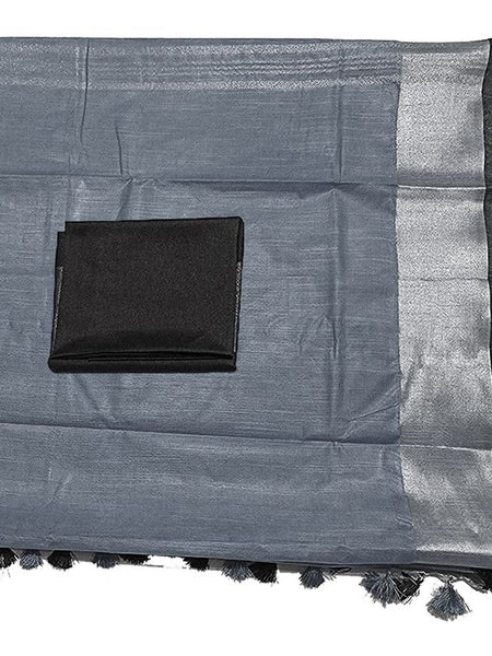 Grey Bhagalpuri Handloom women's Linen Slub Blend Saree With Black Pipin Contrast Blouse Piece