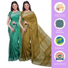 Mint Green & Olive Green women's Bhagalpuri Handloom Cotton-Linen Blend Saree Combo (Pack Of 2) With Running Unstiched Blouse Piece - View 2