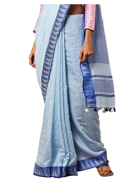 Columbian Blue women's Bhagalpuri Handloom Kota Silk Temple Border Saree And Variation Of Colors With Striped Blouse Piece - View 2