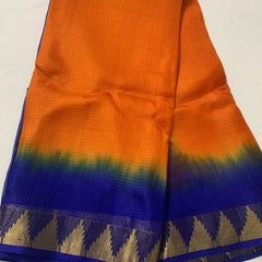 Organza Net Kota Silk Two Dye Bhagalpuri Saree with Free Blouse Piece (Cristy Orange & Dark Blue) - View 3