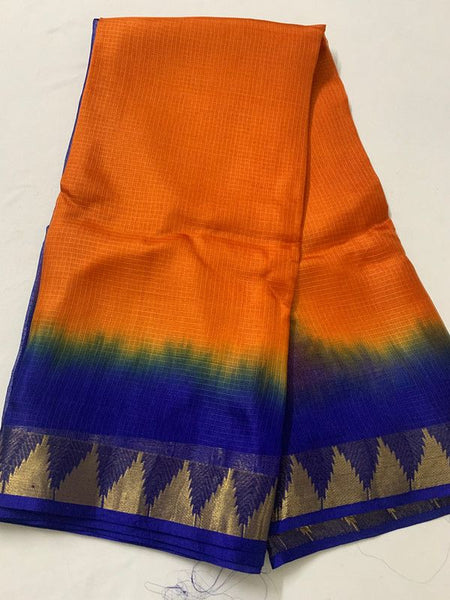 Organza Net Kota Silk Two Dye Bhagalpuri Saree with Free Blouse Piece (Cristy Orange & Dark Blue) - View 3