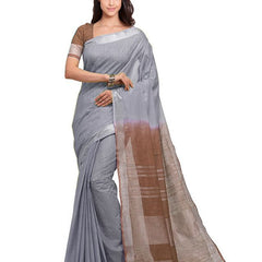 Grey & Brown women's Bhagalpuri Handloom Linen Cotton Blend Two Dye Saree With Running Unstitched Blouse Piece - View 2