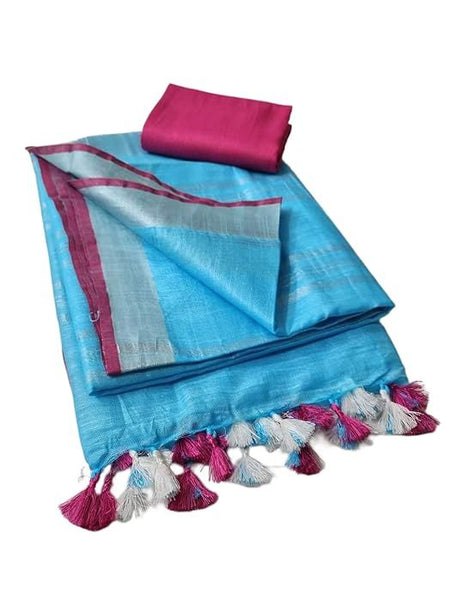 Handloom Bhagalpuri Linen Cotton Blend Contrast Border Saree for Women (12616 Cyan-Pink) - View 2
