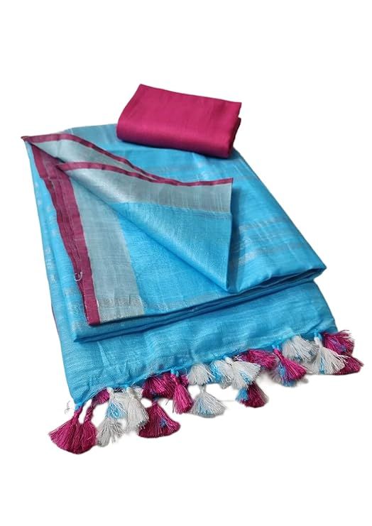 Handloom Bhagalpuri Linen Cotton Blend Contrast Border Saree for Women (12616 Cyan-Pink) - View 2