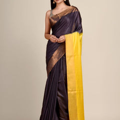 Coke Brown & Canary Yellow Bhaglpuri Munga Blend Handloom Tussar Saree with Blouse Piece - View 2