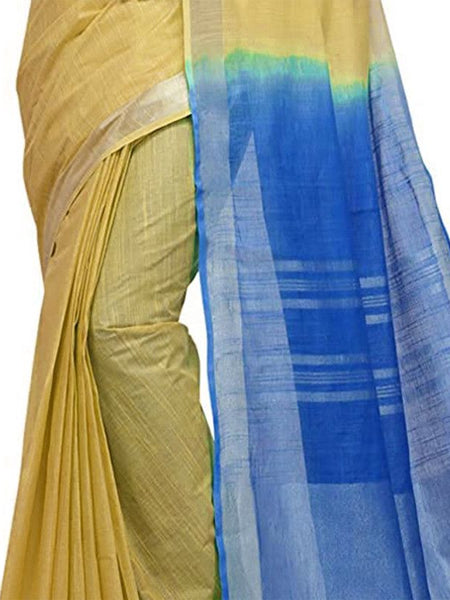 Jasmine Tan & Azure Cyan women's Bhagalpuri Handloom Ethnic Wear Linen Two Dye Saree With Running Unstitched Blouse Piece - View 5