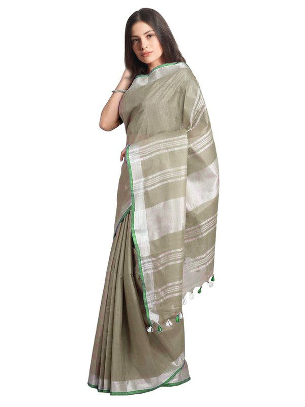 Sage Green women's Handloom Bhagalpuri Linen-Cotton Saree With Contrast Blouse Piece - View 6