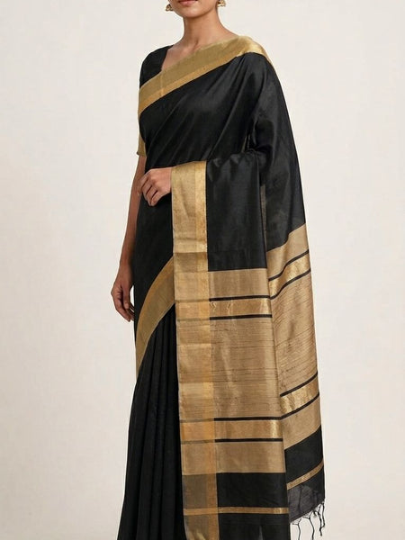 Tussar Cotton Silk Bhagalpuri Saree with Designed Border for women's (Black)