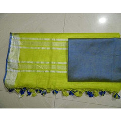 Green-Blue women's Handloom Bhagalpuri Linen Cotton Blend Saree Ethnic Wear With Contrast Unstitched Blouse Piece - View 3