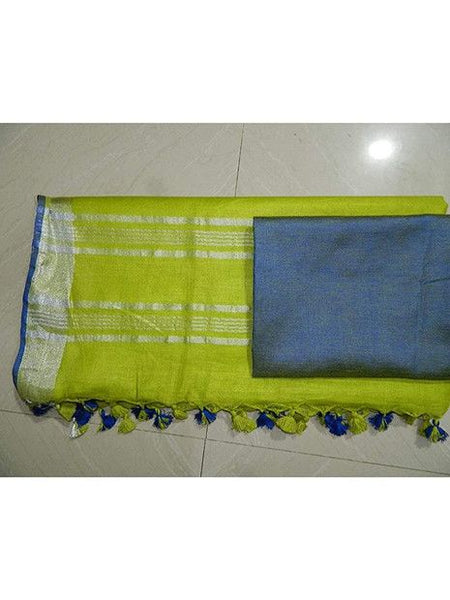 Green-Blue women's Handloom Bhagalpuri Linen Cotton Blend Saree Ethnic Wear With Contrast Unstitched Blouse Piece - View 3