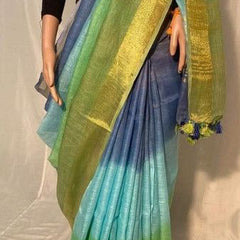 Linen Multi Dye Handloom Bhagalpuri Saree with Gold Zari Border