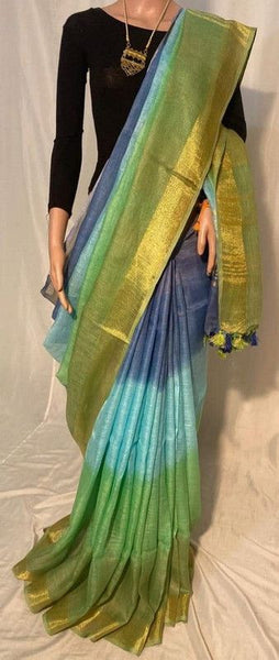 Linen Multi Dye Handloom Bhagalpuri Saree with Gold Zari Border