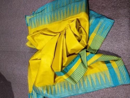 Semi Tussar Silk Handloom Temple Border Bhagalpuri Saree (100177 Canary_Yellow-Cyan)